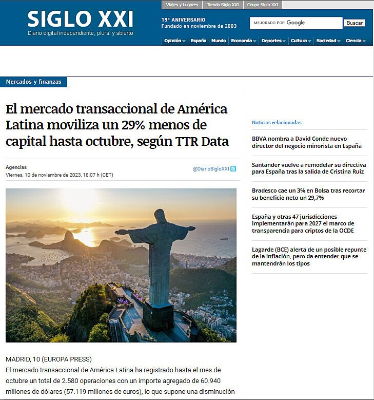 El mercado transaccional de Amrica Latina moviliza un 29% menos de capital hasta octubre, segn TTR Data